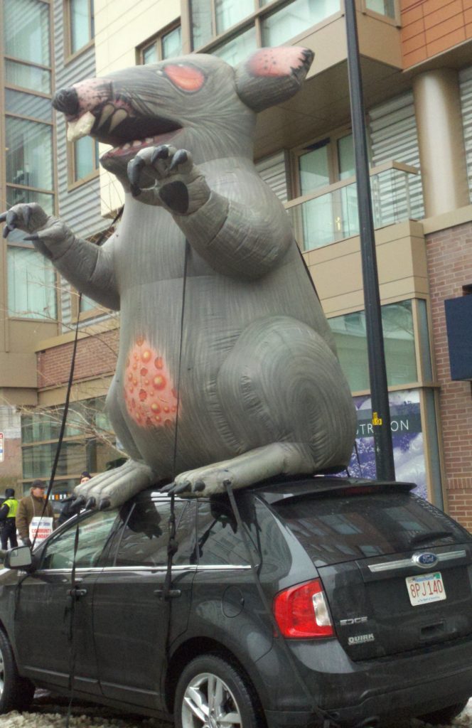 Rat balloon-insulators, tin knockers, pipefitters union protest